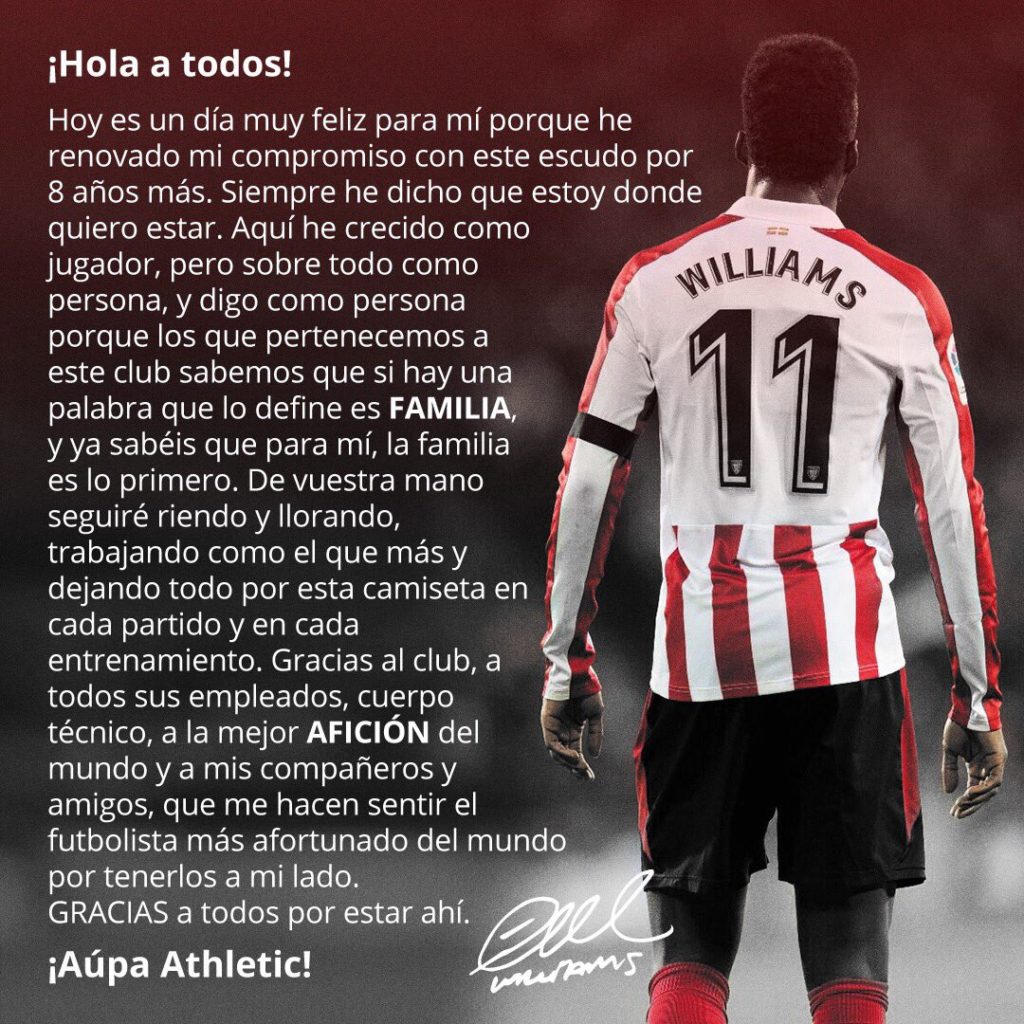 "Un grazie alla tifoseria migliore del mondo" si legge nella lettera aperta di Inaki Williams, che rinnova con i baschi del Bilbao fino al Giugno 2025