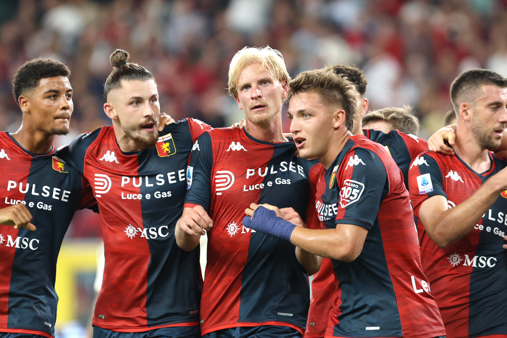 Morten Thorsby of Genoa celebrates with his team-mates after